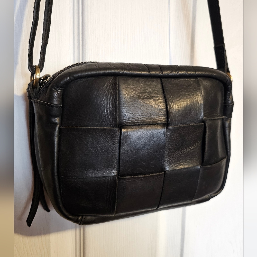 Margot NY / Black Woven Leather Crossbody Bag